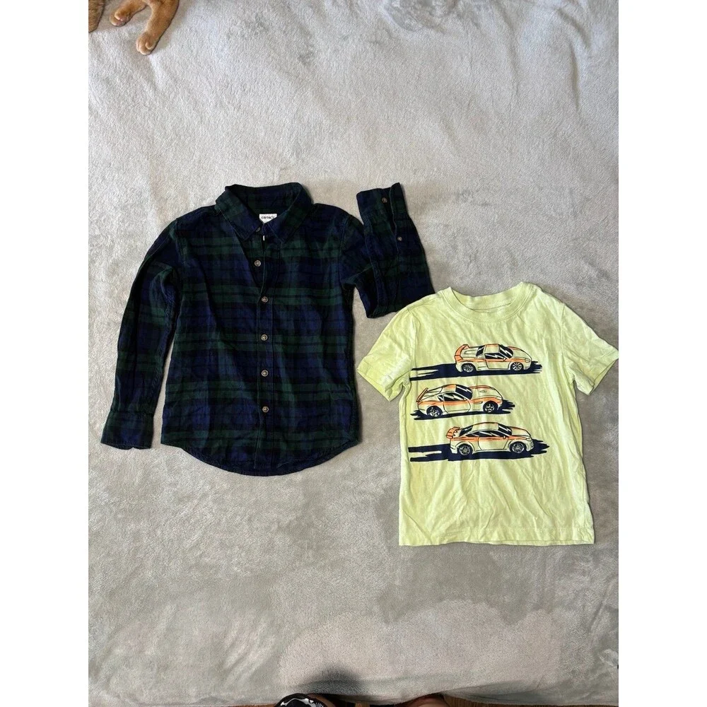Boys long sleeve plaid shirt graphic tee bundle outfit casual playwear school